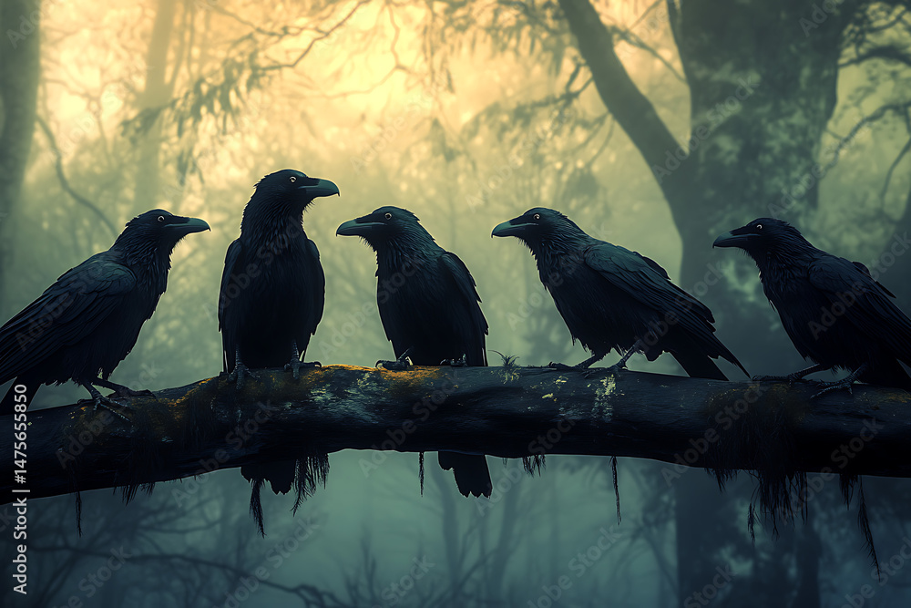 Poster a group of five crows perched on a moss-covered branch in a misty, atmospheric forest setting