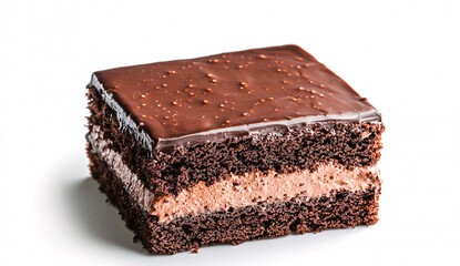 A delectable slice of rich chocolate cake with creamy chocolate filling isolated on a white background now served.