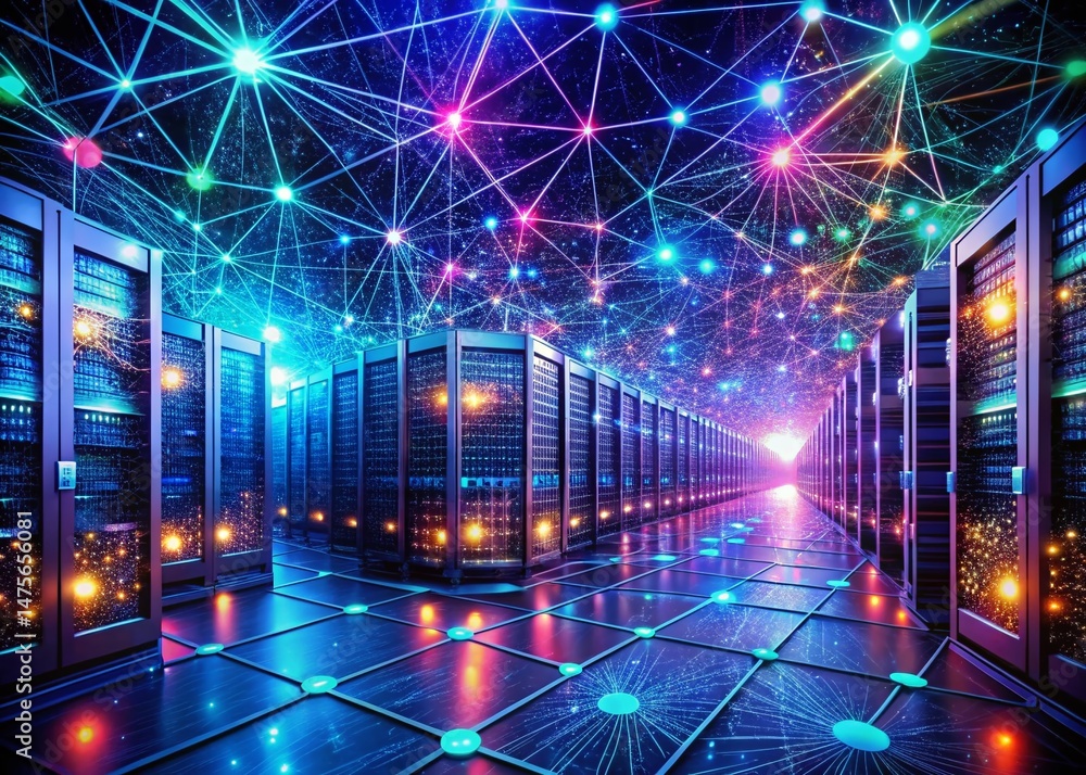 Poster 3d surreal iot network: server system connection visualization