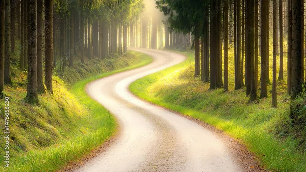 Aufkleber winding road in enchanted forest: a picturesque winding road meanders through a dense forest, illumi