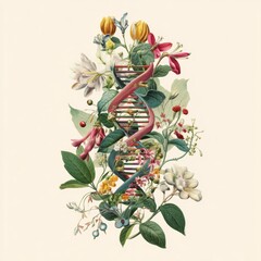 A stunning double helix DNA structure is beautifully intertwined with an array of colorful flowers and leaves on a soft off white background for a botanical design.