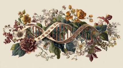 An exquisite rende shows a DNA helix intertwined with vintage floral arrangements in a captivating blend of science and botanical artistry wonderfully displayed.