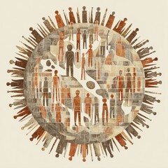 Artistic rendition of interconnected figures forming a global sphere, illustrating unity and diversity in a stylized, textured mosaic-like composition digitally created.