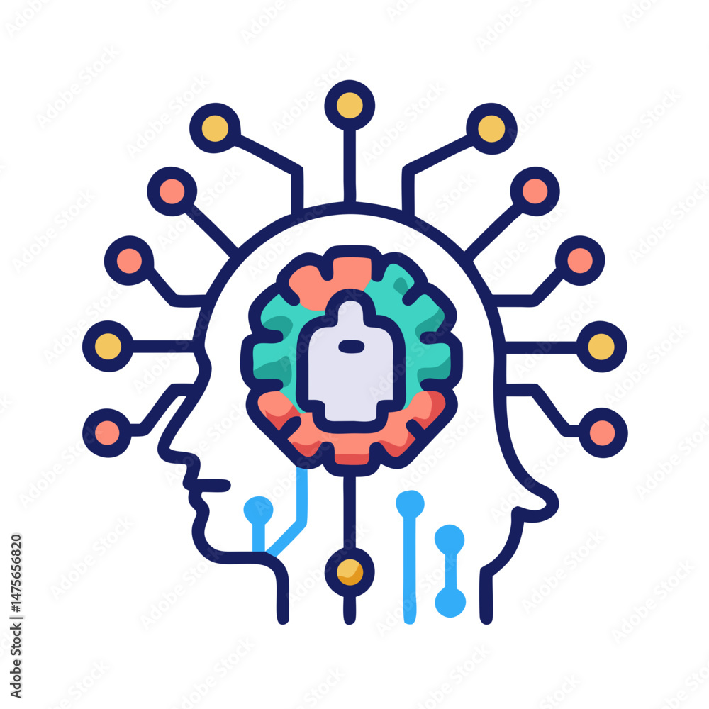 Poster artificial intelligence head with circuit connections on black background