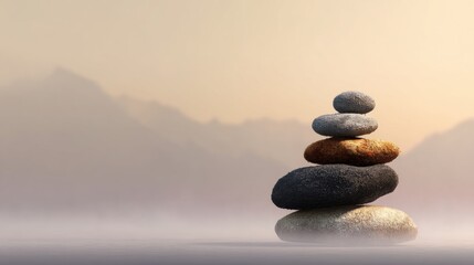 Stacked zen stones on a misty surface create balance and harmony against a blurred mountain backdrop, evoking peace, tranquility, and a meditative state.
