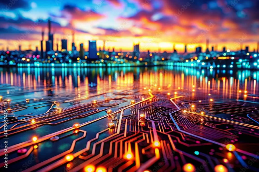 Poster abstract digital technology landscape: circuit board data connection background