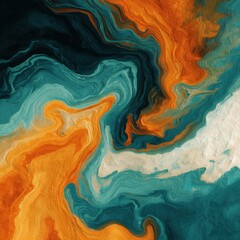 Vivid swirling pattern of teal, orange, and white creates an abstract fluid art background that mimics the movement of ocean waves on a colorful s.