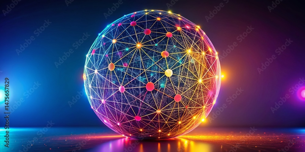 Poster abstract geometric round form: interconnected lines & dots - dynamic graphic design for science, med