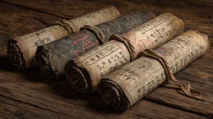 Aged parchment scrolls with ancient inscriptions, secured by twine, rest upon weathered wooden planks in a dim, atmospheric setting, hinting at forgotten lore.