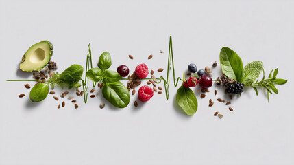 Healthy lifestyle heartbeat made of superfoods
