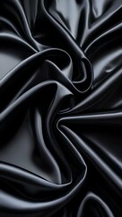 Smooth, soft, shiny black silk satin fabric with a rippled texture creates an elegant and luxurious backdrop	
