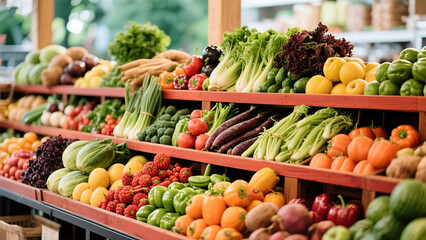 colorful healthful vegetables and fruits arranged on shelves at an outdoor farmers market showcasing local fresh produce, a vibrant display of fresh produce, perfect for health-focused food blogs