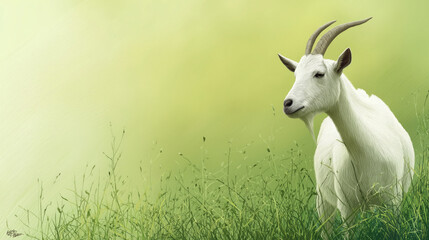Obraz premium White goat in peaceful green field