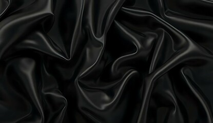 Smooth, soft, shiny black silk satin fabric with a rippled texture creates an elegant and luxurious backdrop	