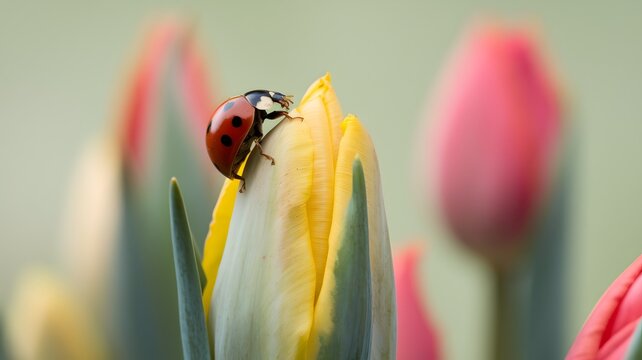 A ladybug perched atop a vibrant tulip bud, with others in the background, creating a beautiful spring scene. - Powered by Adobe