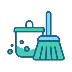 Cleaning Supplies Icon: Broom and Bucket with Water