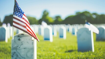 A serene military cemetery adorned with white tombstones, honoring heroes on Memorial Day. A solemn tribute to bravery.