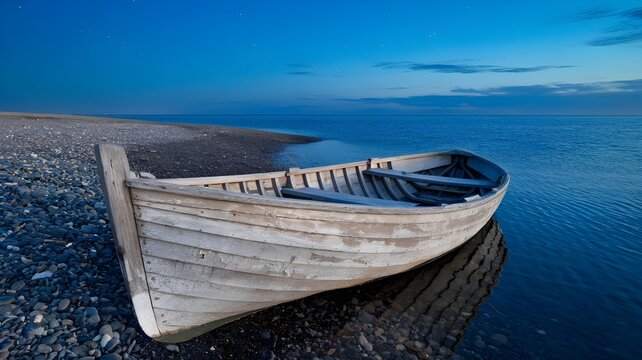 A tranquil scene of a weathered wooden boat resting on a serene shoreline with calm water, evoking a sense of peace and stillness. The clear sky complements the natural tones of the environment.
