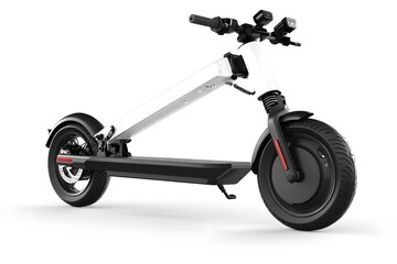 A sleek white and black electric scooter is displayed on a white background in a studio shot