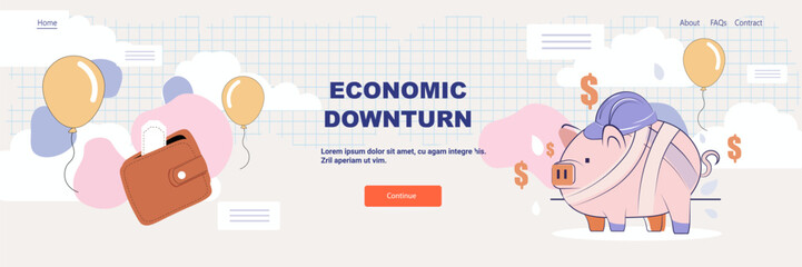 Economic downturn crisis piggy bank wallet financial loss concept with bandaged pig balloons dollar signs pastel colors website banner