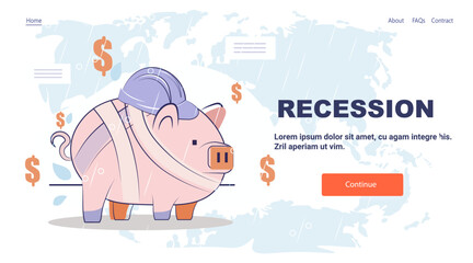 Piggy bank recession crisis financial downturn concept injured pig with bandages and helmet dollar signs world map background website banner