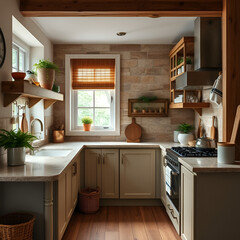 small cozy and artistic kitchen with wood details