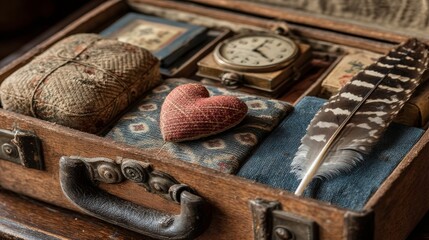 Vintage Wooden Box with Antique Items Including Clock, Fabric, Feather, and Heart-Shaped Object for Nostalgic Decor and Photography Inspiration