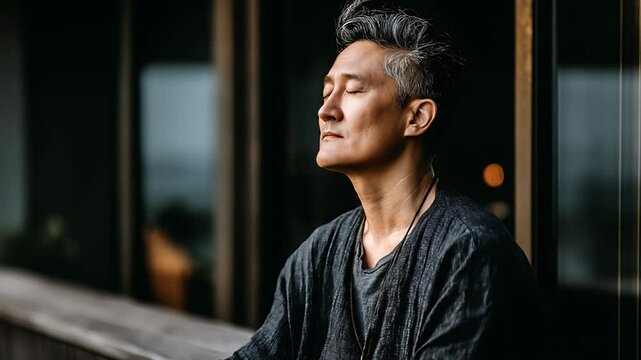 Serene Asian Man Contemplates: Peaceful Moment in Modern Setting