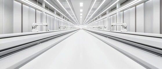 Fototapeta premium Futuristic Industrial Corridor with Robotic Arms and Linear Lighting in a Sterile Environment