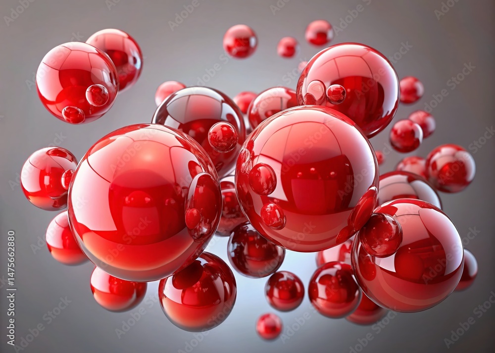 Poster abstract red bubbles floating, isolated on white background - generative ai art