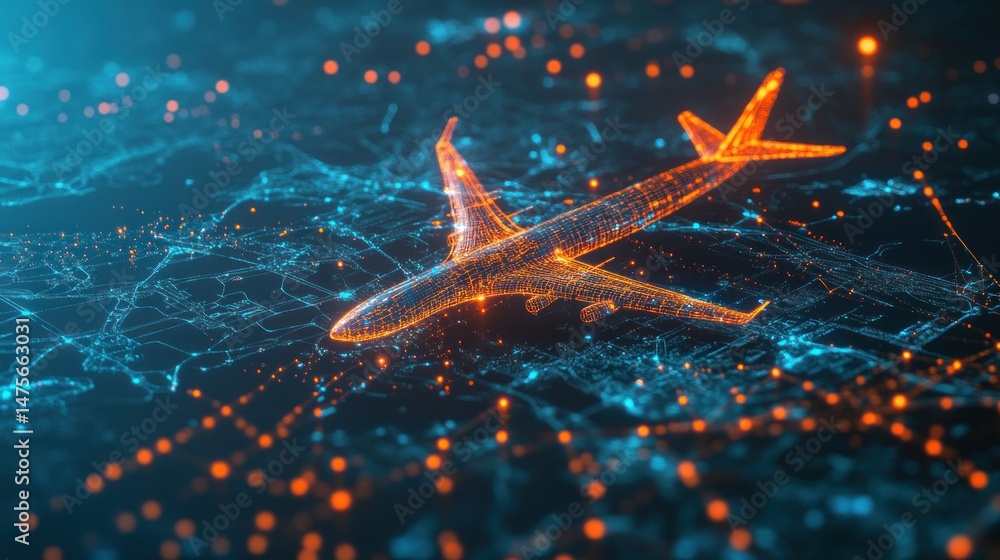 Poster abstract airplane over a network of data points