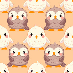 Seamless pattern Two kinds of cowain owls. White and gray owl. Peach background. Cute children's illustration.