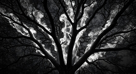 Mystical Tree Branches Illuminated With Spectral Light In The Dark Night