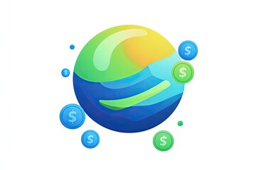 Global financial flow, vibrant sphere, surrounded by currency symbols.  A stylized earth graphic with money symbols, depicting global financial transactions, or investment opportunities