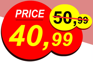 Price before 50.99 and after 40.99, discount and price sale tag, price tag, label, vector banner, special offer, vector illustration.