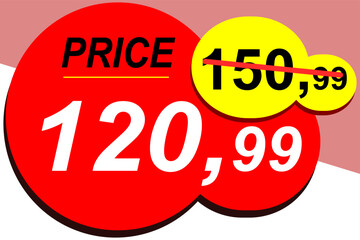 Price before 150.99 and after 120.99, discount and price sale tag, price tag, label, vector banner, special offer, vector illustration.