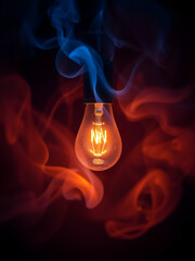 Illuminated bulb emitting a warm ethereal glow surrounded by swirling wisps of blue and orange smoke.