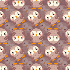 Seamless pattern with kawaii owls multifaceted in brown colors. Cute cartoon chibi birds. Charming vector illustration for kids, kids room decor, textiles and wrapping paper