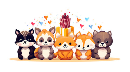 Naklejka premium Cheerful cartoon animals celebrating a happy birthday with balloons and confetti