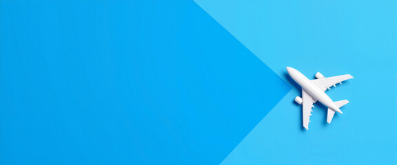 Airplane silhouette flying on blue background, travel marketing concept