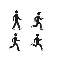 Set of four black silhouette pictograms showing a human figure in various stages of motion, from walking to sprinting, ideal for sport, fitness, or activity icons