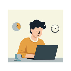 Young man working or studying on laptop at desk with coffee mug and clock icons, flat vector illustration for remote work, freelance, or time management concepts