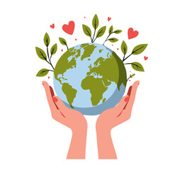 Hands holding planet Earth with green leaves and hearts, vector illustration symbolizing love, care, environmental protection, sustainability, and ecology concept