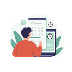 Man taking an online test or filling survey form on laptop screen, vector illustration concept for e learning, examination, feedback, or task completion online
