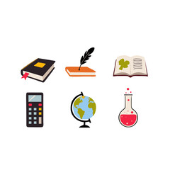 Set of six flat vector icons representing education and science themes including book, quill, textbook, calculator, globe, and flask, perfect for e learning websites and educational materials design