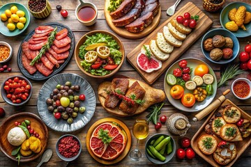 Fototapeta premium Abundant Feast: A Delicious Spread of Meat, Fruit, and Desserts