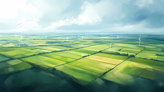 Aerial vista of expansive green fields adorned with solar farms and wind turbines, soft pastel backdrop with central text space. [Crystalline Wastelands] | Opaline Scar | pastel wound. Illustration