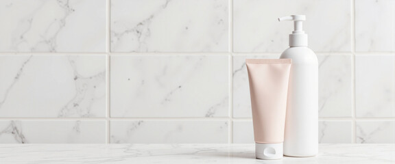 Modern beauty products on tiled bathroom countertop, minimalist aesthetic