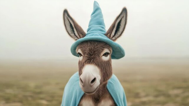 Whimsical donkey wearing a blue hat and cloak in a foggy landscape.