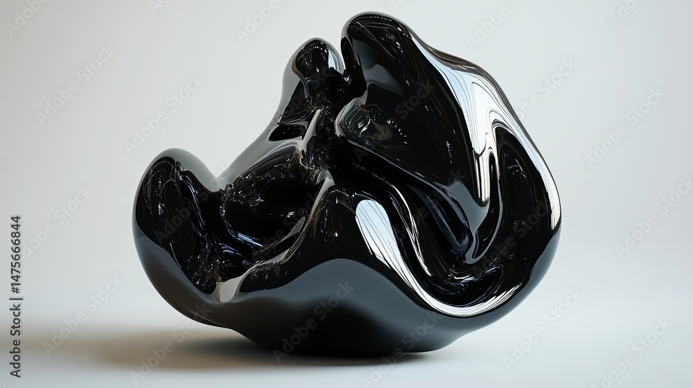 Aufkleber abstract black glossy sculpture with fluid shape on a plain background in a studio setting